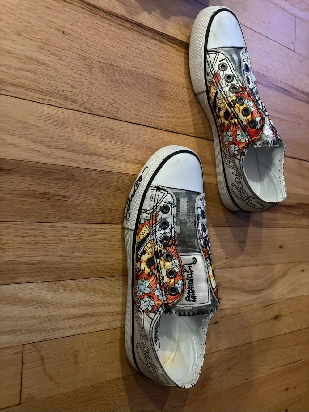 Slip-On Ed Hardy Canvas Sneakers with Floral Detail - White/Multicolor